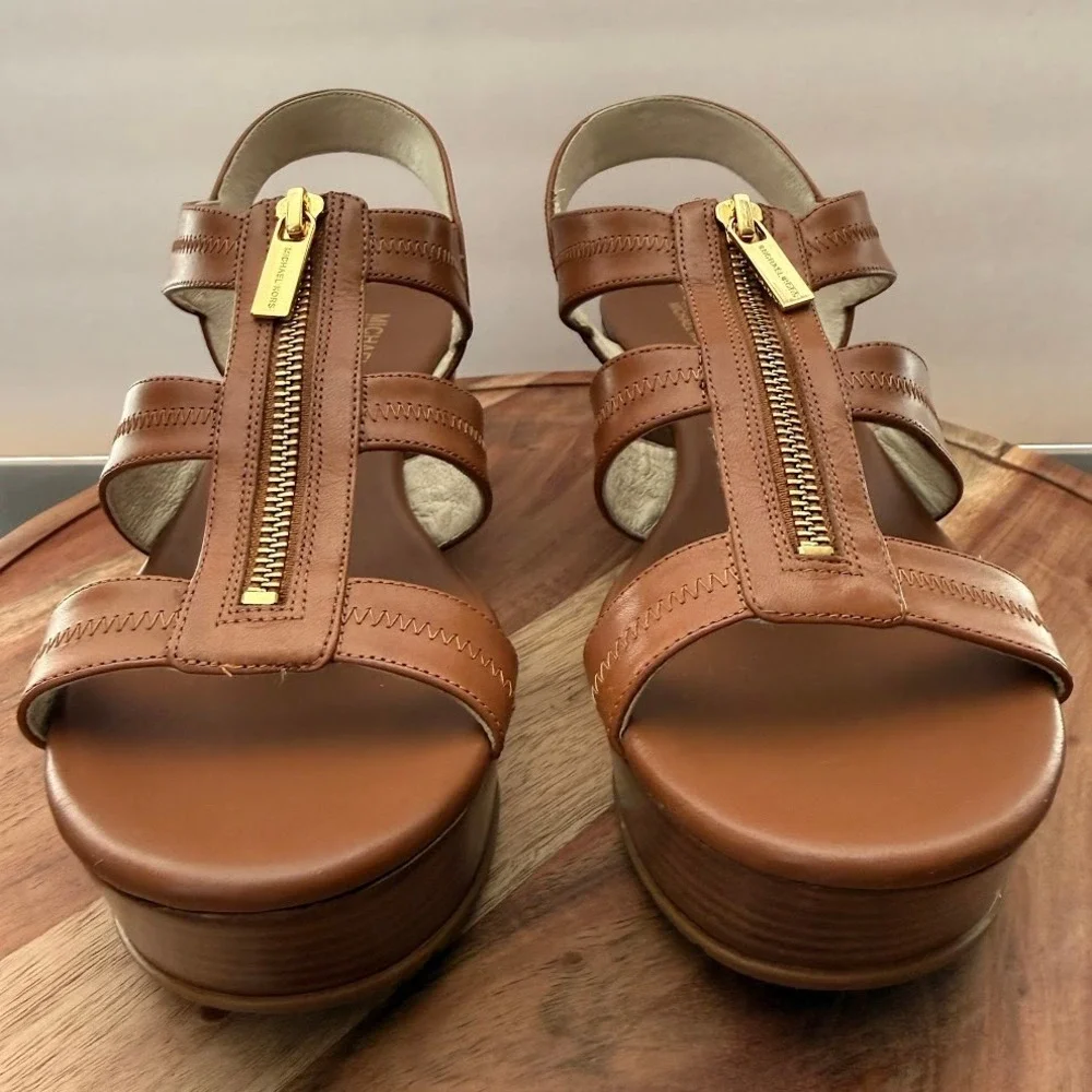 Michael Kors Women Tan Leather Platform Wedge Sandals Zip Gold Hardware 10M